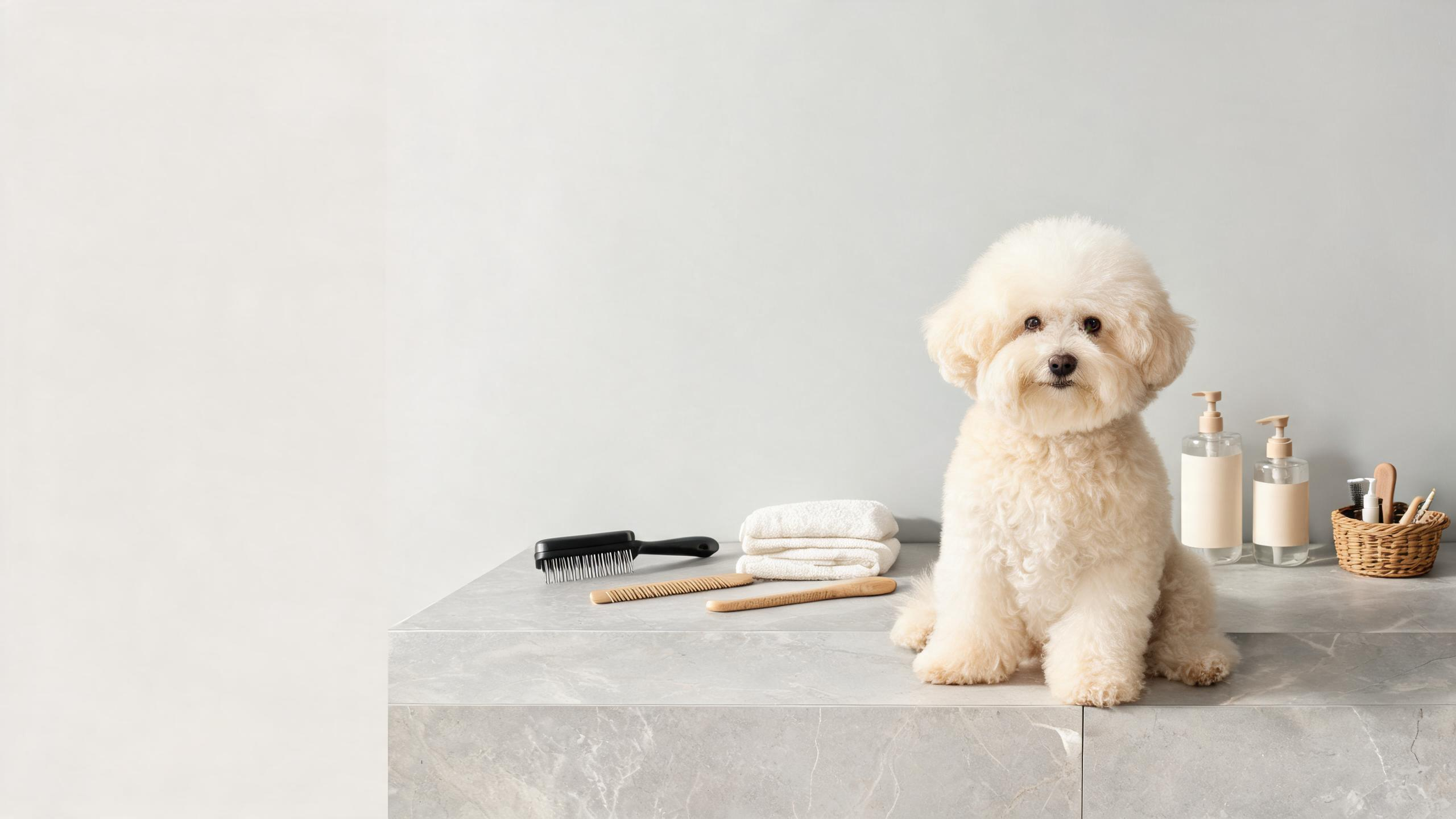 Pet grooming and bath tools arranged in a clean home setting